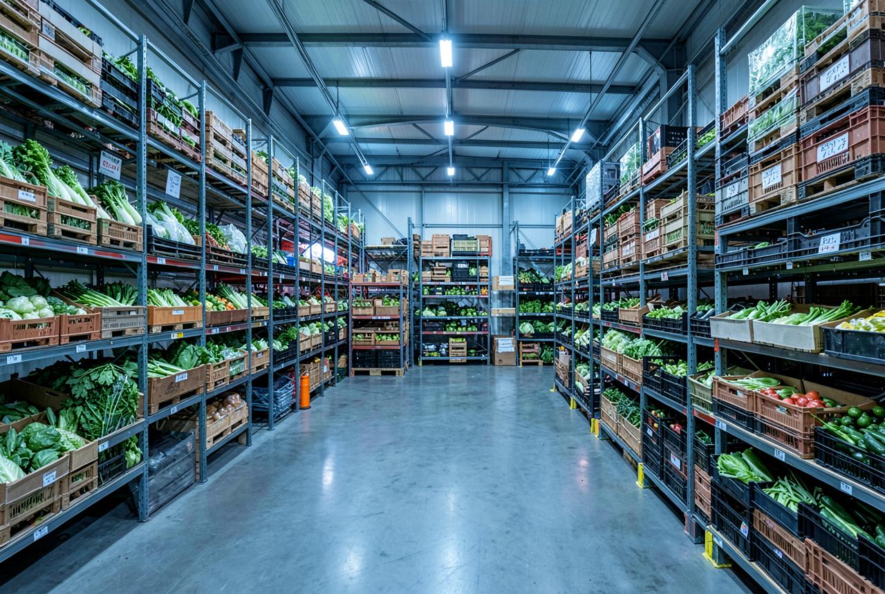 Pallets of produce cartons inside a temperature-controlled cold store