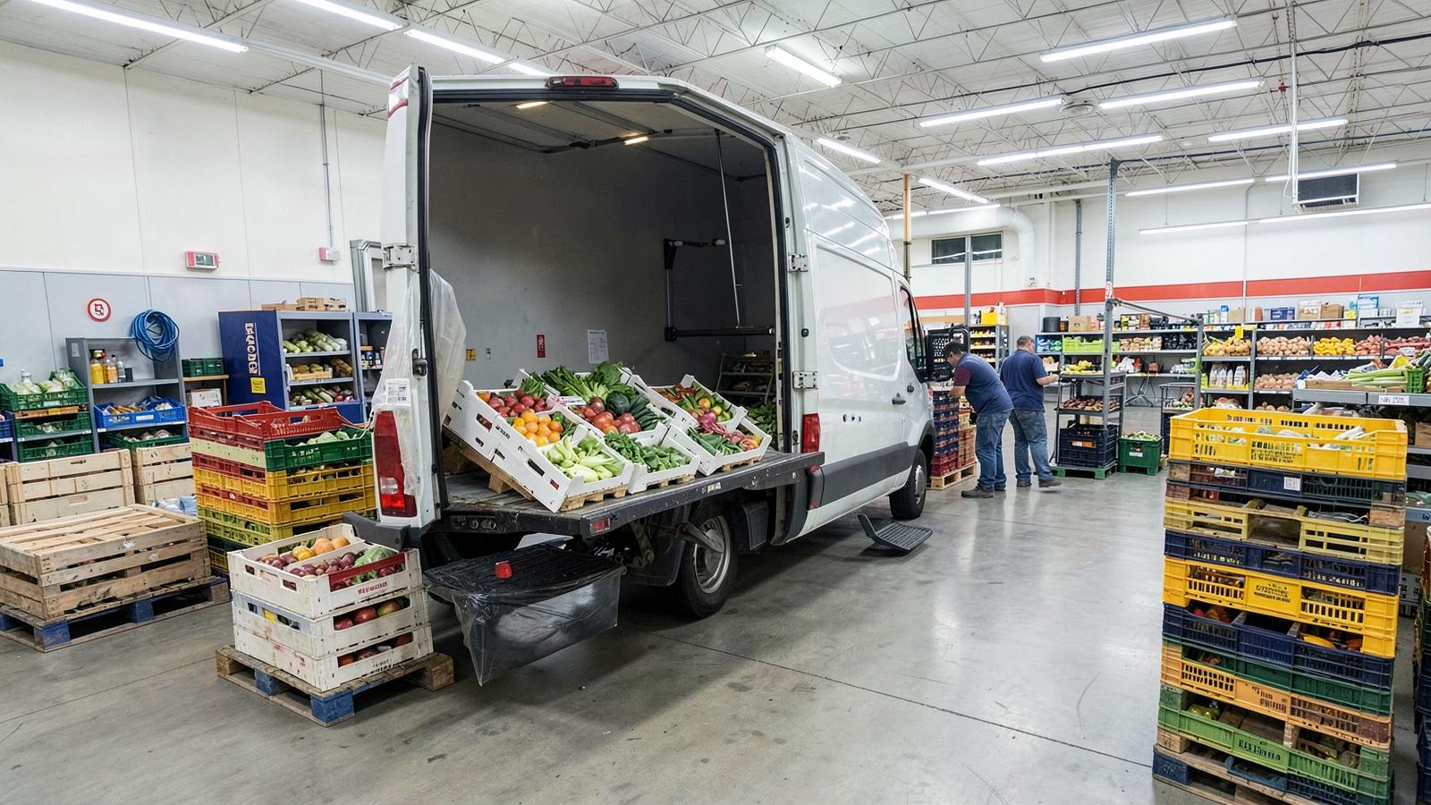 Produce cartons being unloaded from a delivery van at a supermarket receiving bay
