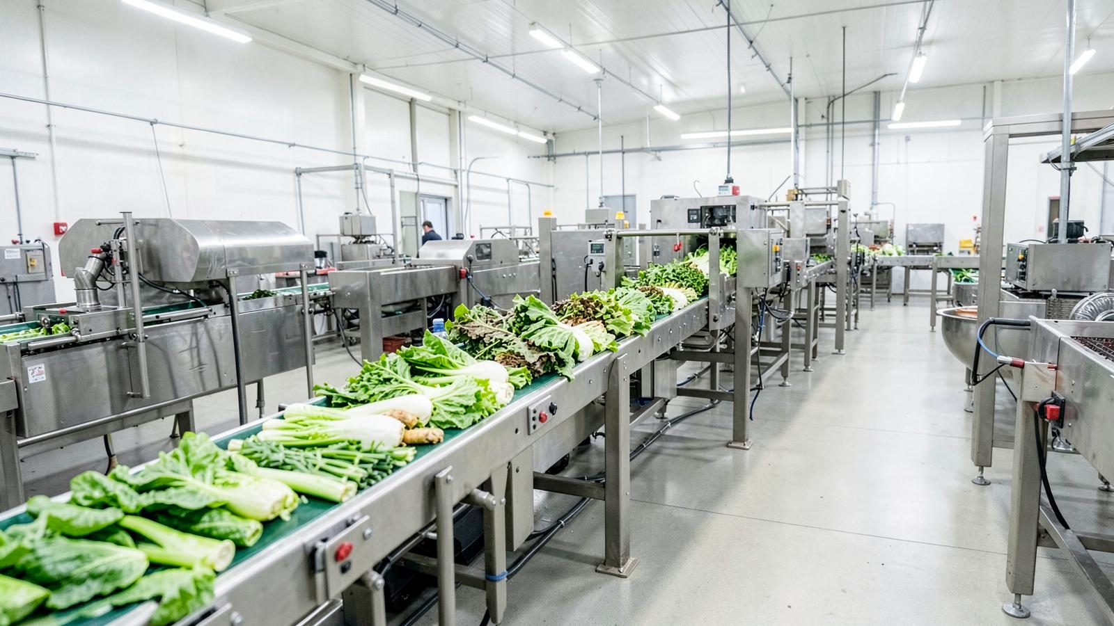 Stainless steel grading line sorting fresh vegetables inside a packhouse
