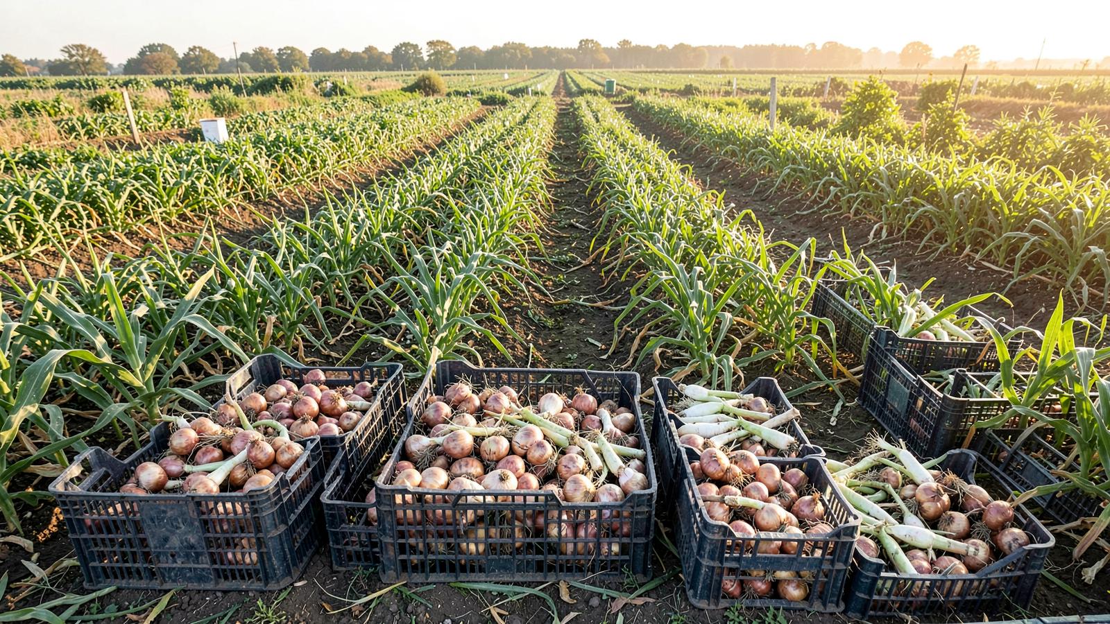Crates of freshly harvested onions at the edge of a farm field at sunrise