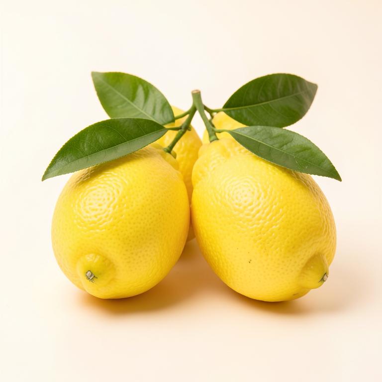 Fresh yellow lemons with green leaves on a light surface