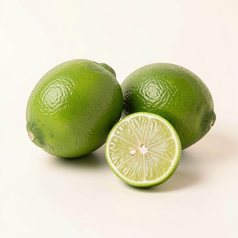 Fresh green limes, one sliced in half, on a light surface