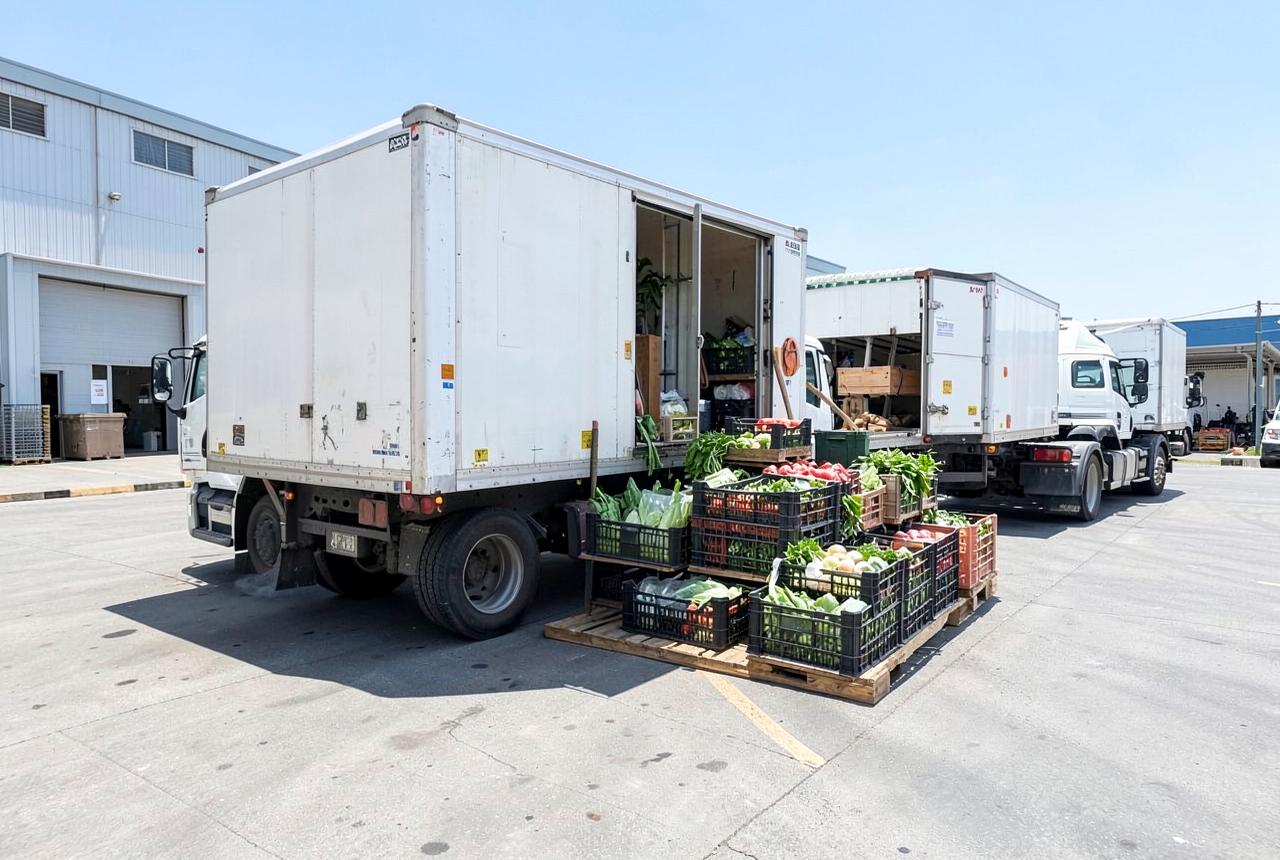 Refrigerated trucks loading crates of fresh produce at a distribution depot