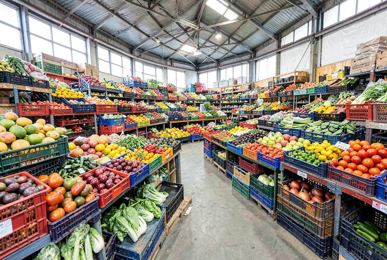 Wholesale fruit and vegetable market hall stacked with crates of fresh produce