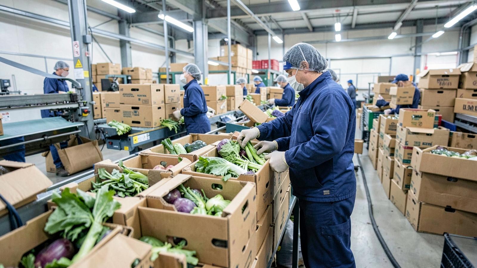 Packing house line filling export cartons with fresh produce