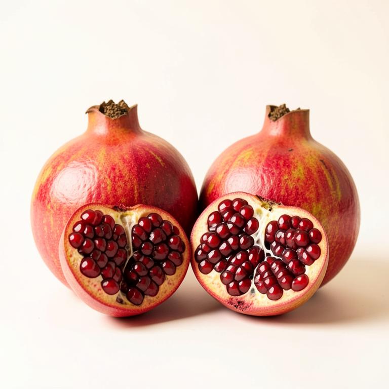 Whole and halved pomegranates showing deep red arils