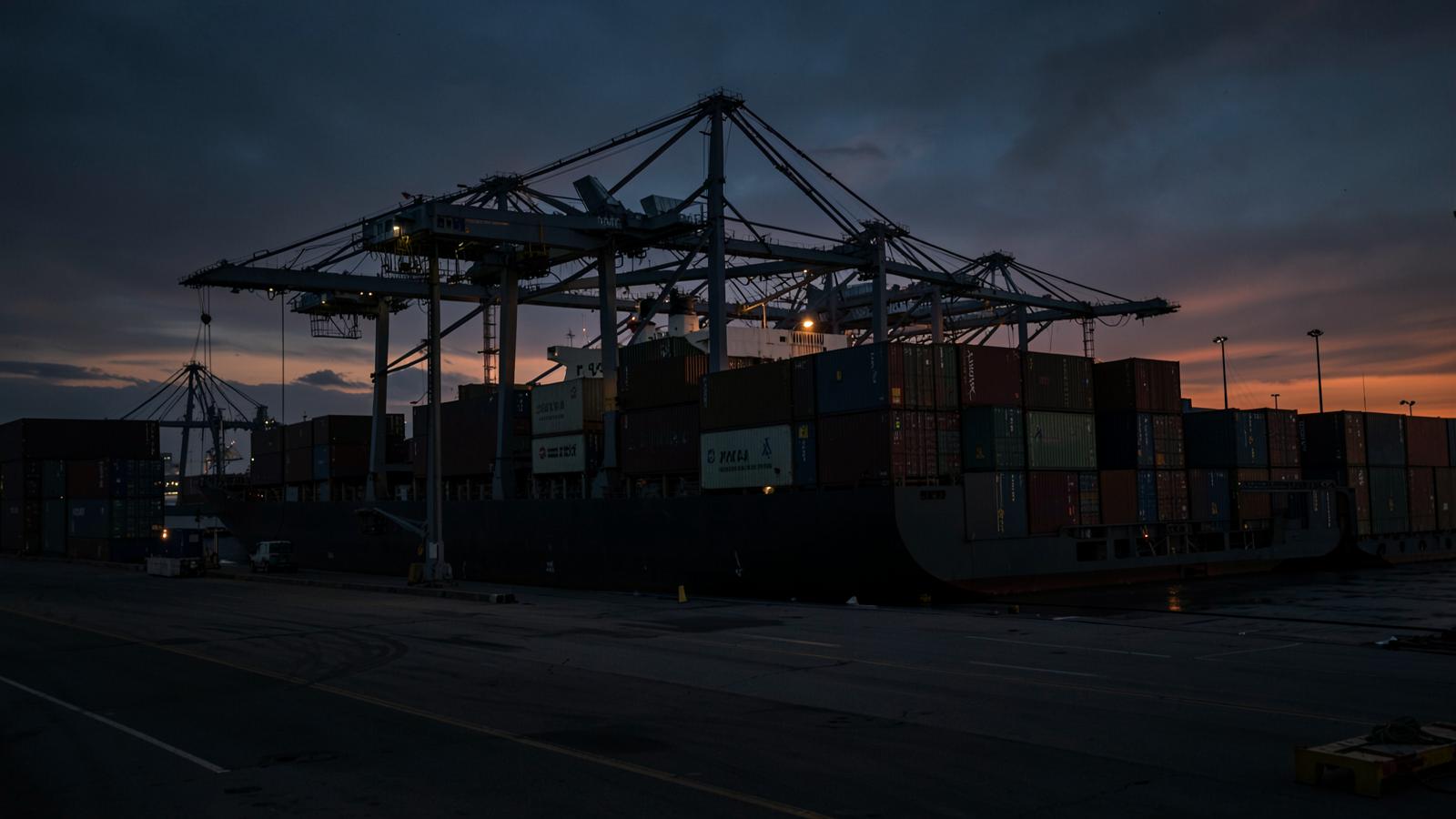 Container ship loading refrigerated containers at a port terminal