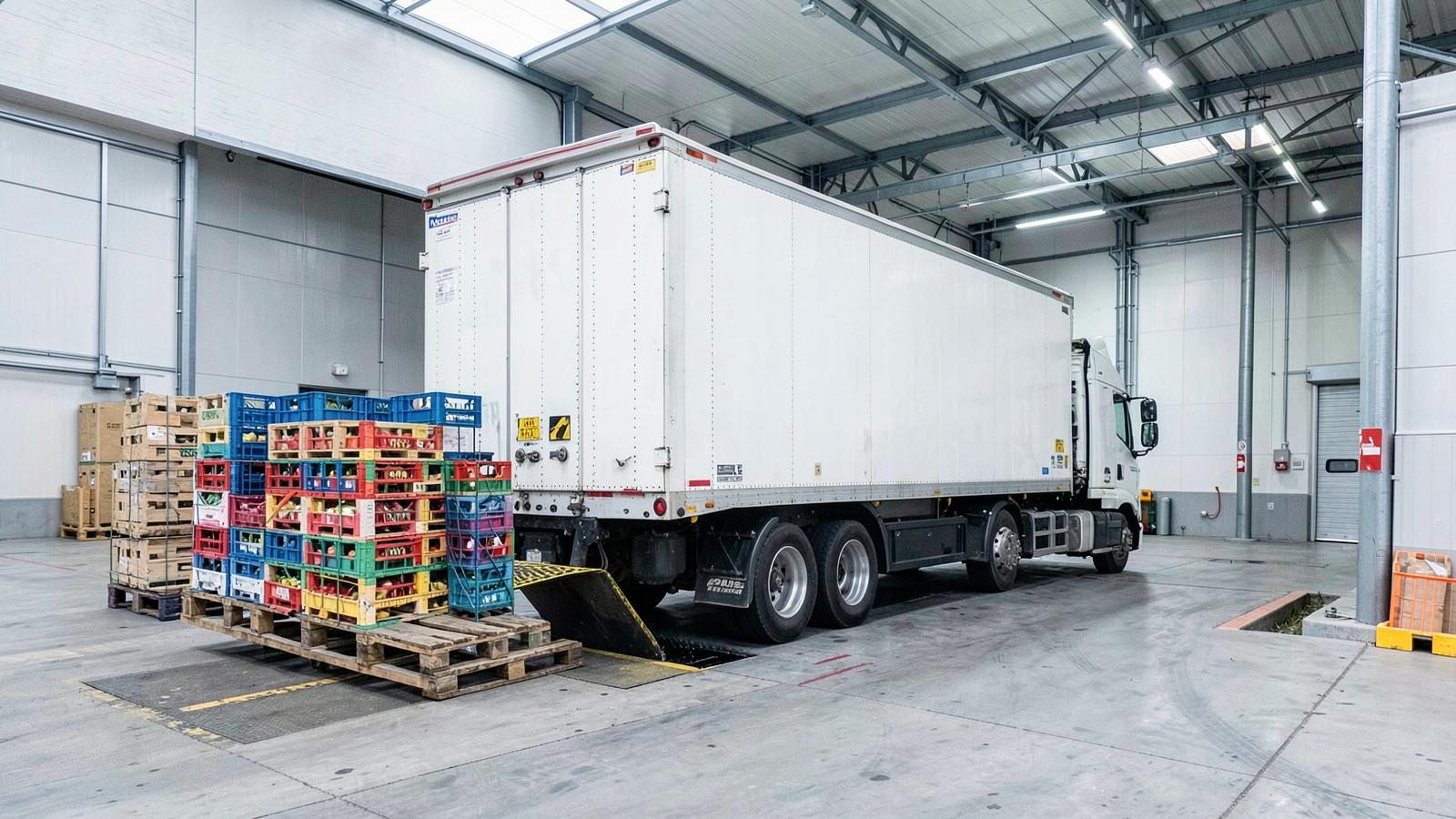 Refrigerated truck loading pallets of produce cartons at a cold store dock