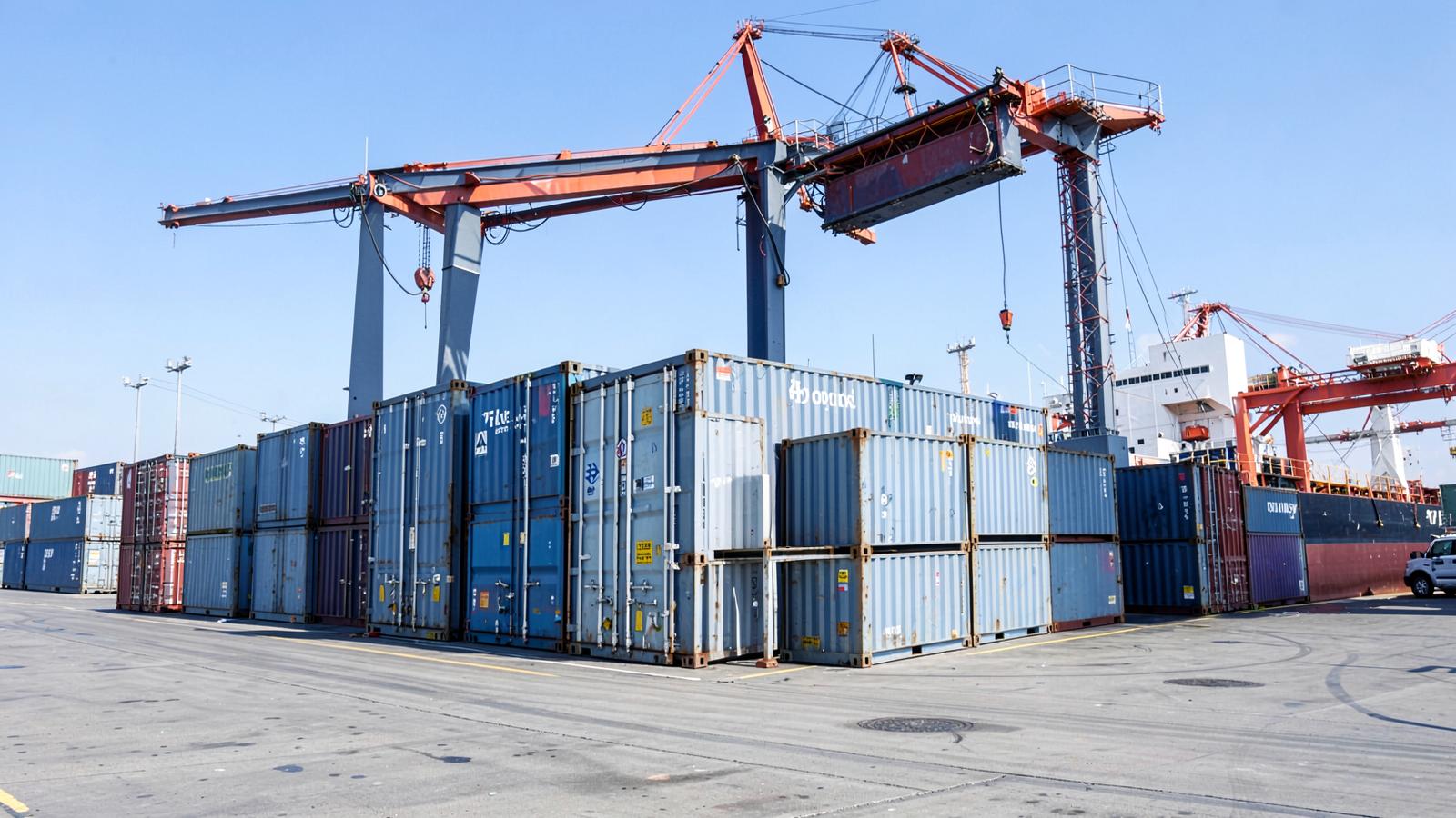 Refrigerated shipping containers stacked at a port terminal beside a gantry crane